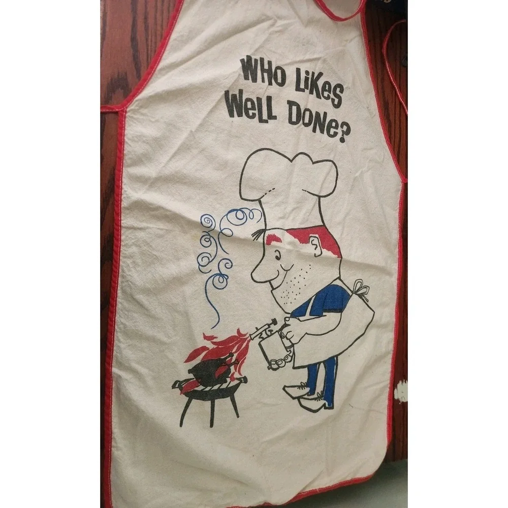 Novelty‎ Who Likes Well Done Apron Cartoon Stomach Pump retro vintage kitsch